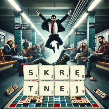 Kreatywna ilustracja do gry w Scrabble ze słowem SKRĘTNEJ ułożonym z płytek na planszy.