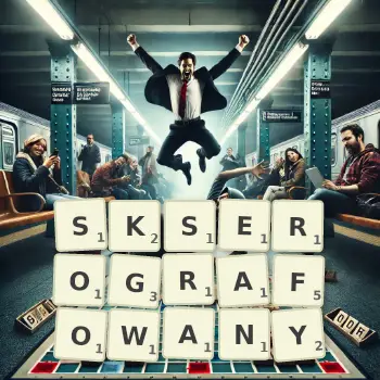 Kreatywna ilustracja do gry w Scrabble ze słowem SKSEROGRAFOWANY ułożonym z płytek na planszy.