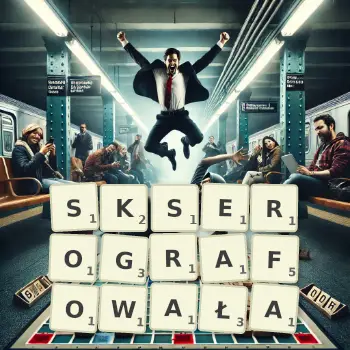 Kreatywna ilustracja do gry w Scrabble ze słowem SKSEROGRAFOWAŁA ułożonym z płytek na planszy.