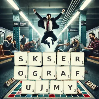 Kreatywna ilustracja do gry w Scrabble ze słowem SKSEROGRAFUJMY ułożonym z płytek na planszy.