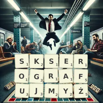 Kreatywna ilustracja do gry w Scrabble ze słowem SKSEROGRAFUJMYŻ ułożonym z płytek na planszy.