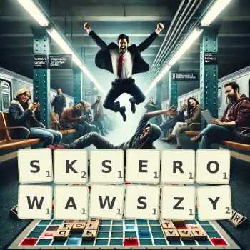 Kreatywna ilustracja do gry w Scrabble ze słowem SKSEROWAWSZY ułożonym z płytek na planszy.
