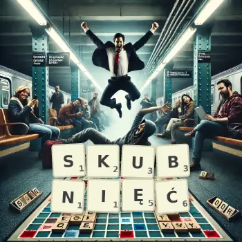 Kreatywna ilustracja do gry w Scrabble ze słowem SKUBNIĘĆ ułożonym z płytek na planszy.