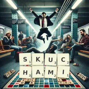 Kreatywna ilustracja do gry w Scrabble ze słowem SKUCHAMI ułożonym z płytek na planszy.