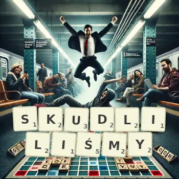 Kreatywna ilustracja do gry w Scrabble ze słowem SKUDLILIŚMY ułożonym z płytek na planszy.