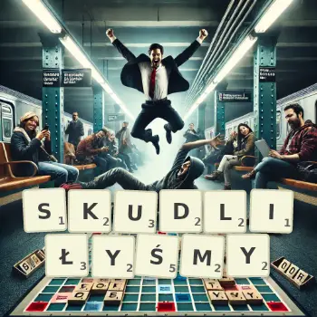 Kreatywna ilustracja do gry w Scrabble ze słowem SKUDLIŁYŚMY ułożonym z płytek na planszy.