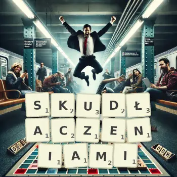 Kreatywna ilustracja do gry w Scrabble ze słowem SKUDŁACZENIAMI ułożonym z płytek na planszy.