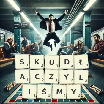 Kreatywna ilustracja do gry w Scrabble ze słowem SKUDŁACZYLIŚMY ułożonym z płytek na planszy.
