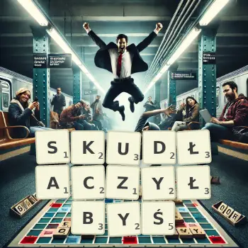 Kreatywna ilustracja do gry w Scrabble ze słowem SKUDŁACZYŁBYŚ ułożonym z płytek na planszy.