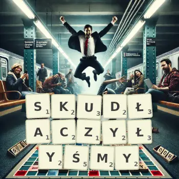Kreatywna ilustracja do gry w Scrabble ze słowem SKUDŁACZYŁYŚMY ułożonym z płytek na planszy.