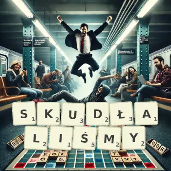 Kreatywna ilustracja do gry w Scrabble ze słowem SKUDŁALIŚMY ułożonym z płytek na planszy.