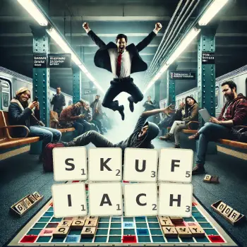 Kreatywna ilustracja do gry w Scrabble ze słowem SKUFIACH ułożonym z płytek na planszy.