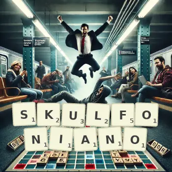 Kreatywna ilustracja do gry w Scrabble ze słowem SKULFONIANO ułożonym z płytek na planszy.