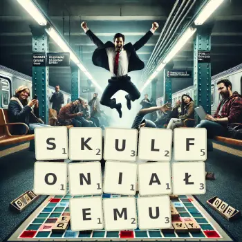 Kreatywna ilustracja do gry w Scrabble ze słowem SKULFONIAŁEMU ułożonym z płytek na planszy.
