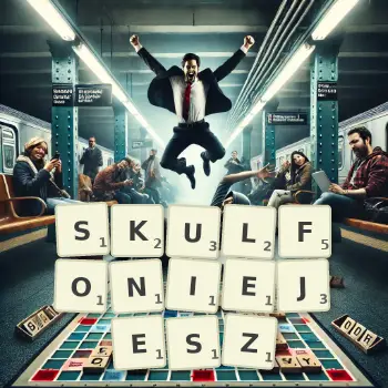 Kreatywna ilustracja do gry w Scrabble ze słowem SKULFONIEJESZ ułożonym z płytek na planszy.