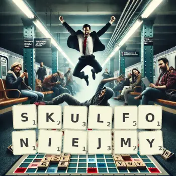 Kreatywna ilustracja do gry w Scrabble ze słowem SKULFONIEJMY ułożonym z płytek na planszy.