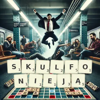 Kreatywna ilustracja do gry w Scrabble ze słowem SKULFONIEJĄ ułożonym z płytek na planszy.