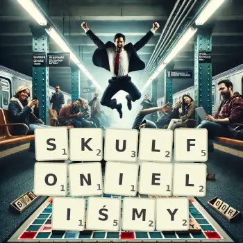 Kreatywna ilustracja do gry w Scrabble ze słowem SKULFONIELIŚMY ułożonym z płytek na planszy.