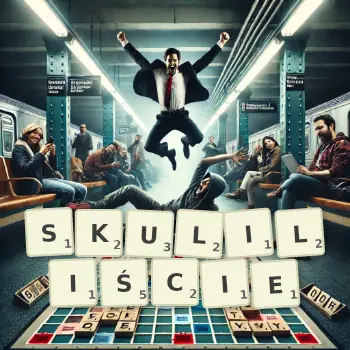 Kreatywna ilustracja do gry w Scrabble ze słowem SKULILIŚCIE ułożonym z płytek na planszy.