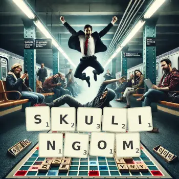 Kreatywna ilustracja do gry w Scrabble ze słowem SKULINGOM ułożonym z płytek na planszy.