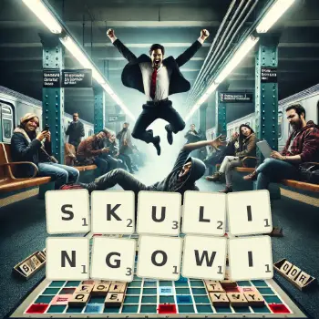 Kreatywna ilustracja do gry w Scrabble ze słowem SKULINGOWI ułożonym z płytek na planszy.