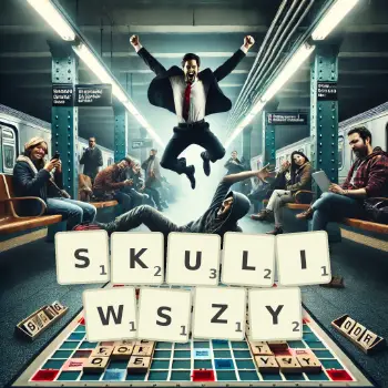 Kreatywna ilustracja do gry w Scrabble ze słowem SKULIWSZY ułożonym z płytek na planszy.