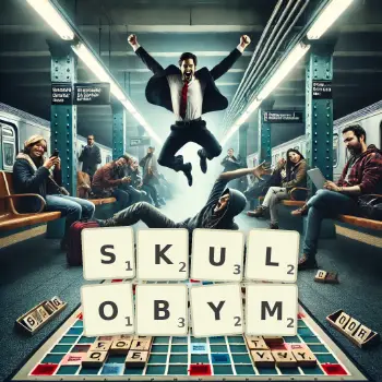 Kreatywna ilustracja do gry w Scrabble ze słowem SKULOBYM ułożonym z płytek na planszy.