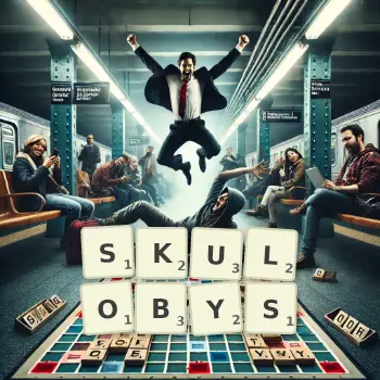 Kreatywna ilustracja do gry w Scrabble ze słowem SKULOBYS ułożonym z płytek na planszy.