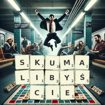 Kreatywna ilustracja do gry w Scrabble ze słowem SKUMALIBYŚCIE ułożonym z płytek na planszy.