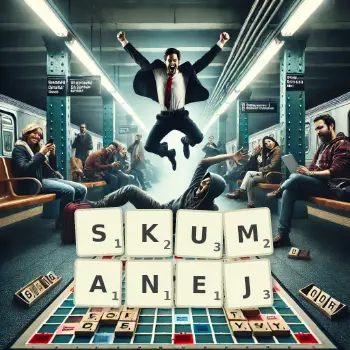 Kreatywna ilustracja do gry w Scrabble ze słowem SKUMANEJ ułożonym z płytek na planszy.