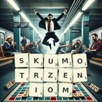 Kreatywna ilustracja do gry w Scrabble ze słowem SKUMOTRZENIOM ułożonym z płytek na planszy.