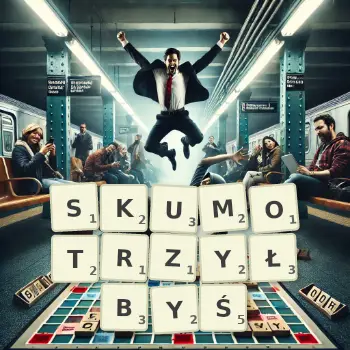 Kreatywna ilustracja do gry w Scrabble ze słowem SKUMOTRZYŁBYŚ ułożonym z płytek na planszy.