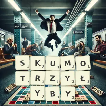 Kreatywna ilustracja do gry w Scrabble ze słowem SKUMOTRZYŁYBY ułożonym z płytek na planszy.