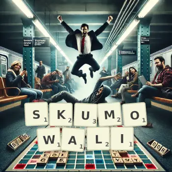 Kreatywna ilustracja do gry w Scrabble ze słowem SKUMOWALI ułożonym z płytek na planszy.