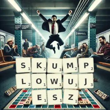 Kreatywna ilustracja do gry w Scrabble ze słowem SKUMPLOWUJESZ ułożonym z płytek na planszy.