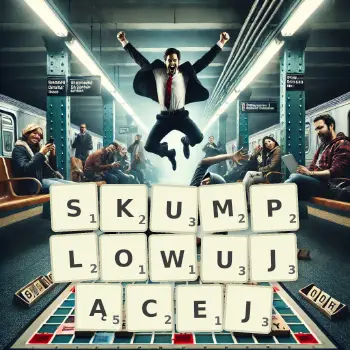 Kreatywna ilustracja do gry w Scrabble ze słowem SKUMPLOWUJĄCEJ ułożonym z płytek na planszy.