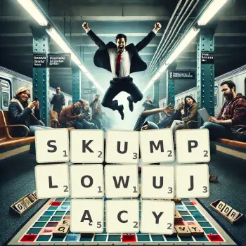 Kreatywna ilustracja do gry w Scrabble ze słowem SKUMPLOWUJĄCY ułożonym z płytek na planszy.