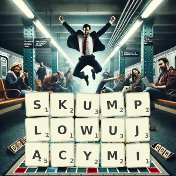 Kreatywna ilustracja do gry w Scrabble ze słowem SKUMPLOWUJĄCYMI ułożonym z płytek na planszy.