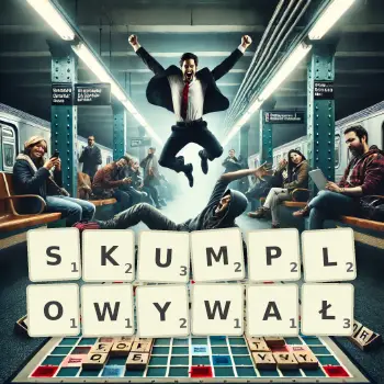 Kreatywna ilustracja do gry w Scrabble ze słowem SKUMPLOWYWAŁ ułożonym z płytek na planszy.