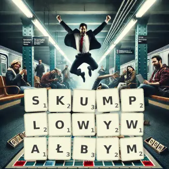 Kreatywna ilustracja do gry w Scrabble ze słowem SKUMPLOWYWAŁBYM ułożonym z płytek na planszy.