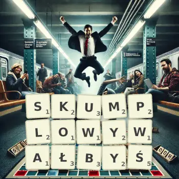 Kreatywna ilustracja do gry w Scrabble ze słowem SKUMPLOWYWAŁBYŚ ułożonym z płytek na planszy.