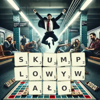 Kreatywna ilustracja do gry w Scrabble ze słowem SKUMPLOWYWAŁO ułożonym z płytek na planszy.