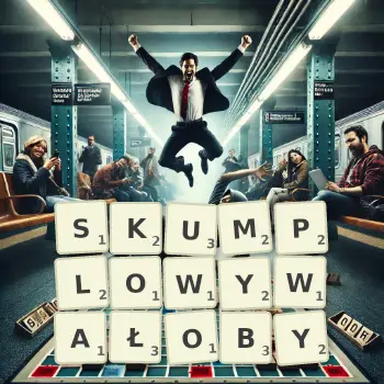 Kreatywna ilustracja do gry w Scrabble ze słowem SKUMPLOWYWAŁOBY ułożonym z płytek na planszy.