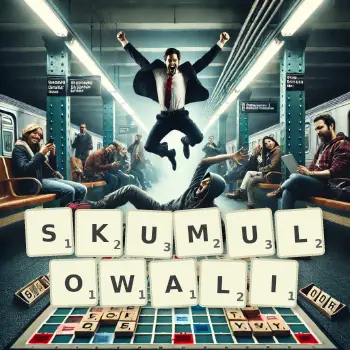 Kreatywna ilustracja do gry w Scrabble ze słowem SKUMULOWALI ułożonym z płytek na planszy.