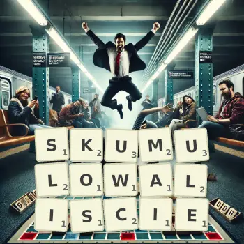 Kreatywna ilustracja do gry w Scrabble ze słowem SKUMULOWALISCIE ułożonym z płytek na planszy.