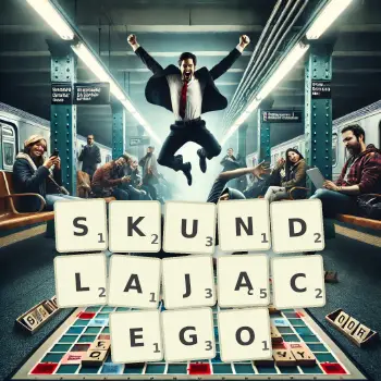 Kreatywna ilustracja do gry w Scrabble ze słowem SKUNDLAJĄCEGO ułożonym z płytek na planszy.