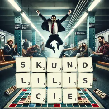 Kreatywna ilustracja do gry w Scrabble ze słowem SKUNDLILISCIE ułożonym z płytek na planszy.