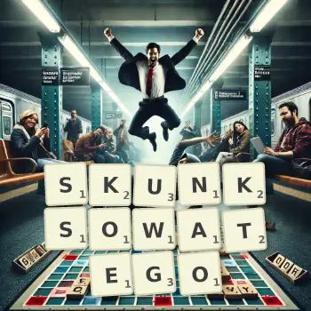 Kreatywna ilustracja do gry w Scrabble ze słowem SKUNKSOWATEGO ułożonym z płytek na planszy.