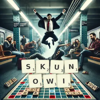 Kreatywna ilustracja do gry w Scrabble ze słowem SKUNOWI ułożonym z płytek na planszy.