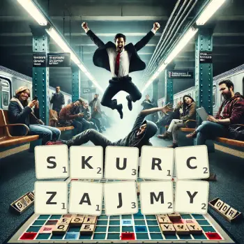 Kreatywna ilustracja do gry w Scrabble ze słowem SKURCZAJMY ułożonym z płytek na planszy.